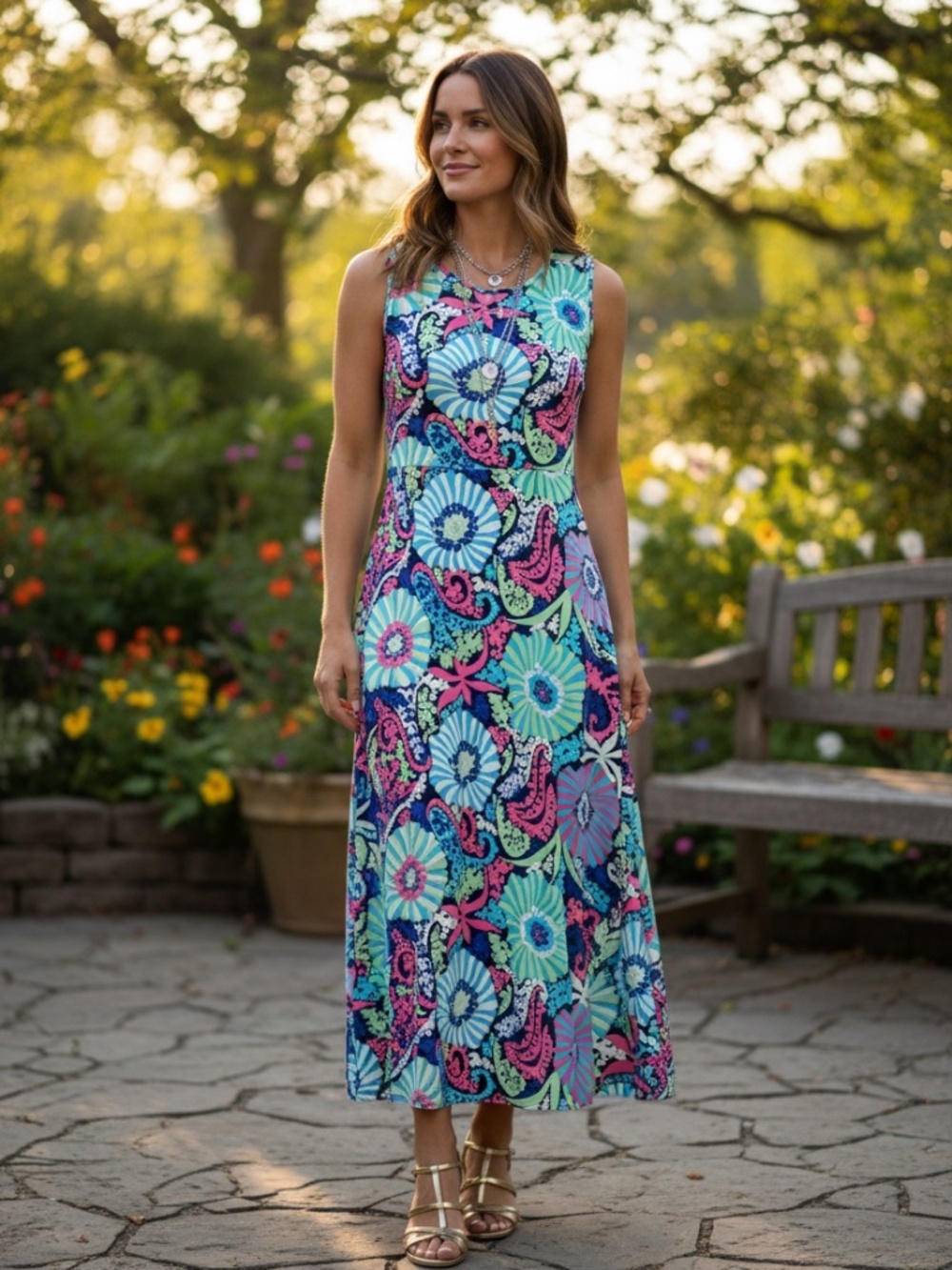 NWT Talbots Maxi Beautiful Bold Multicolor Dress, Size L